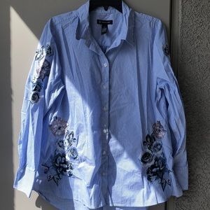 INC blue and white button down long sleeve top